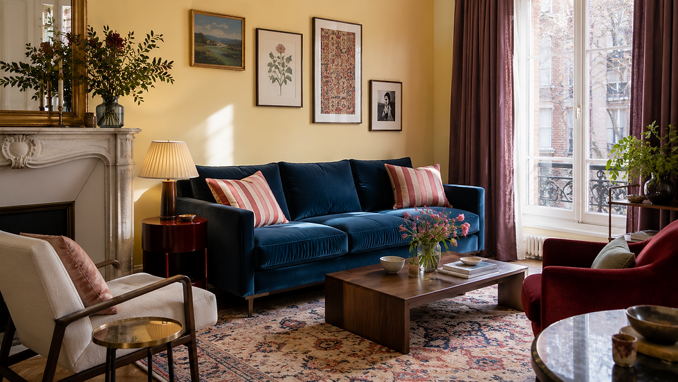 Cozy living room with a blue velvet sofa, striped pillows, fireplace, flowers, and sunlight by a tall window.