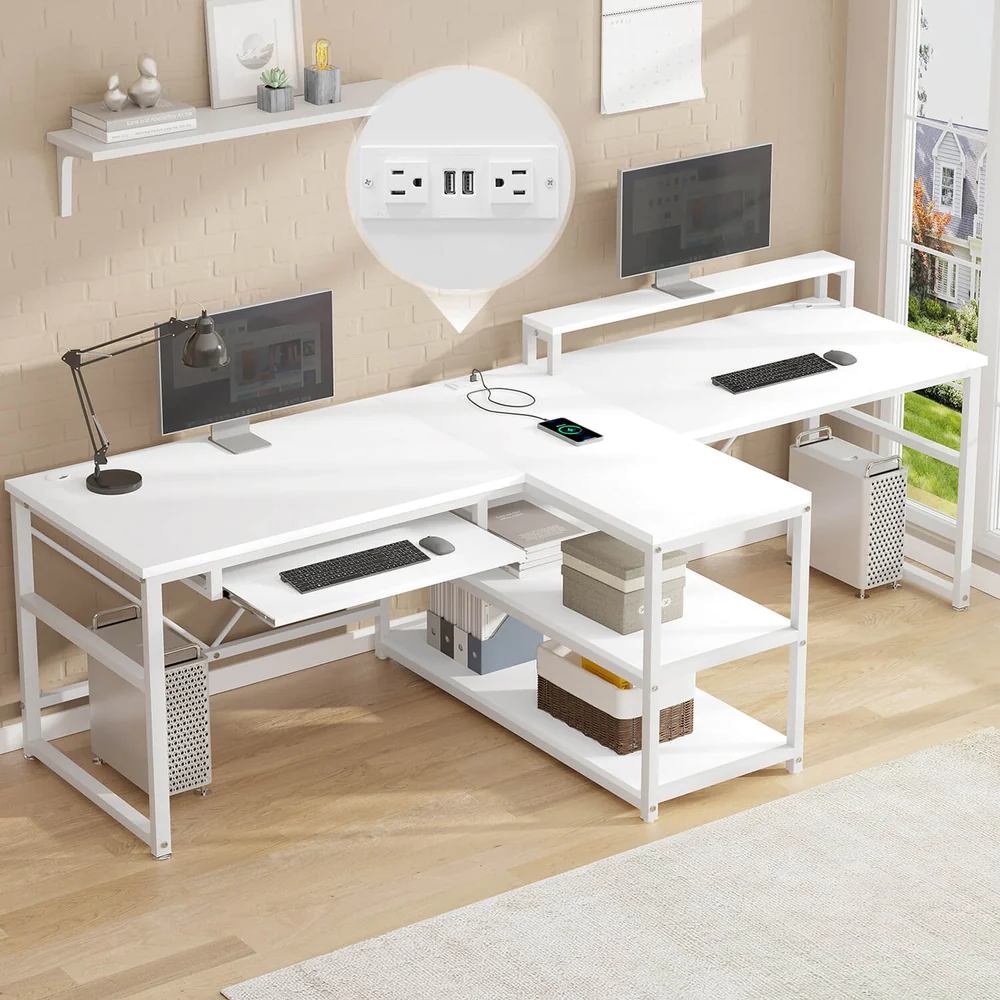 94.5 Inches T Shaped 2 Person Gaming Desk with Storage White