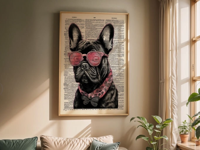 Framed portrait of a French bulldog in pink sunglasses and scarf on a text-filled background, in a sunlit living room with plants.