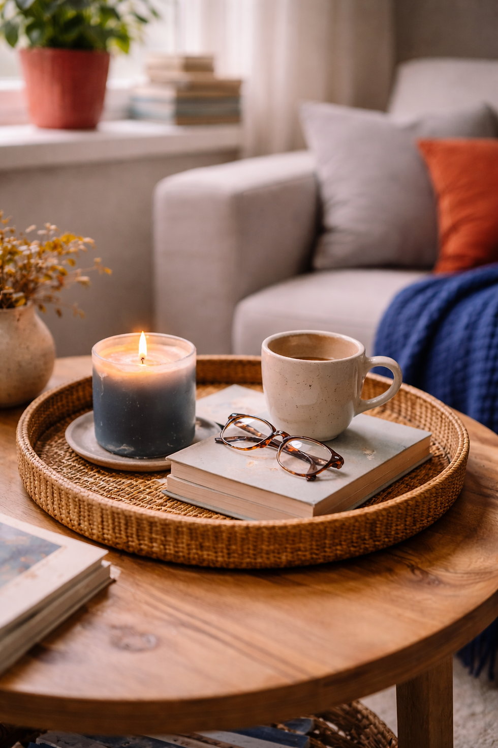 Cozy setting with a lit candle, coffee cup, and glasses on books atop a woven tray. Sofa with pillows and a plant in the background.