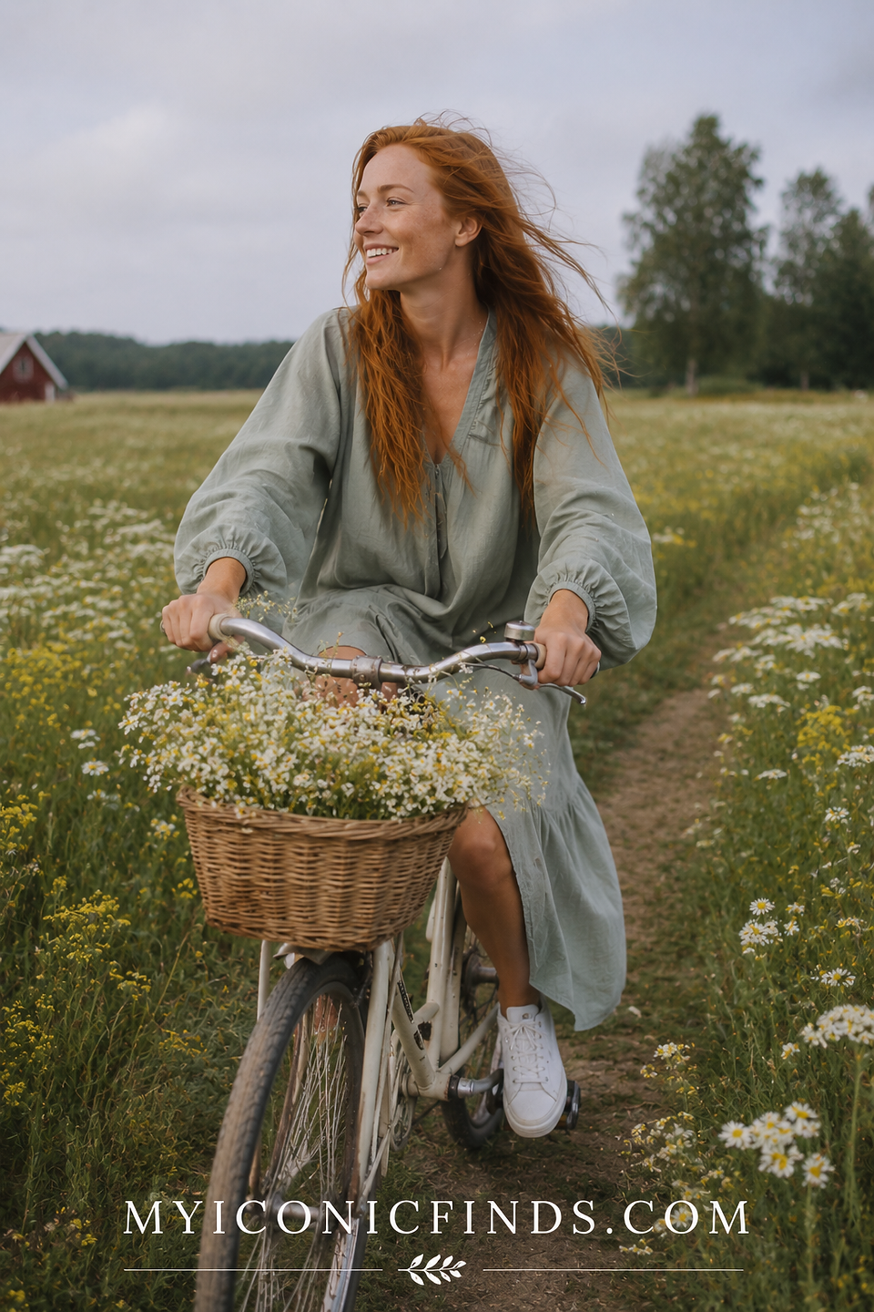 Red-haired woman cycling through a wildflower meadow in a flowing sage-green dress, carrying a basket filled with daisies under soft Nordic summer skies.