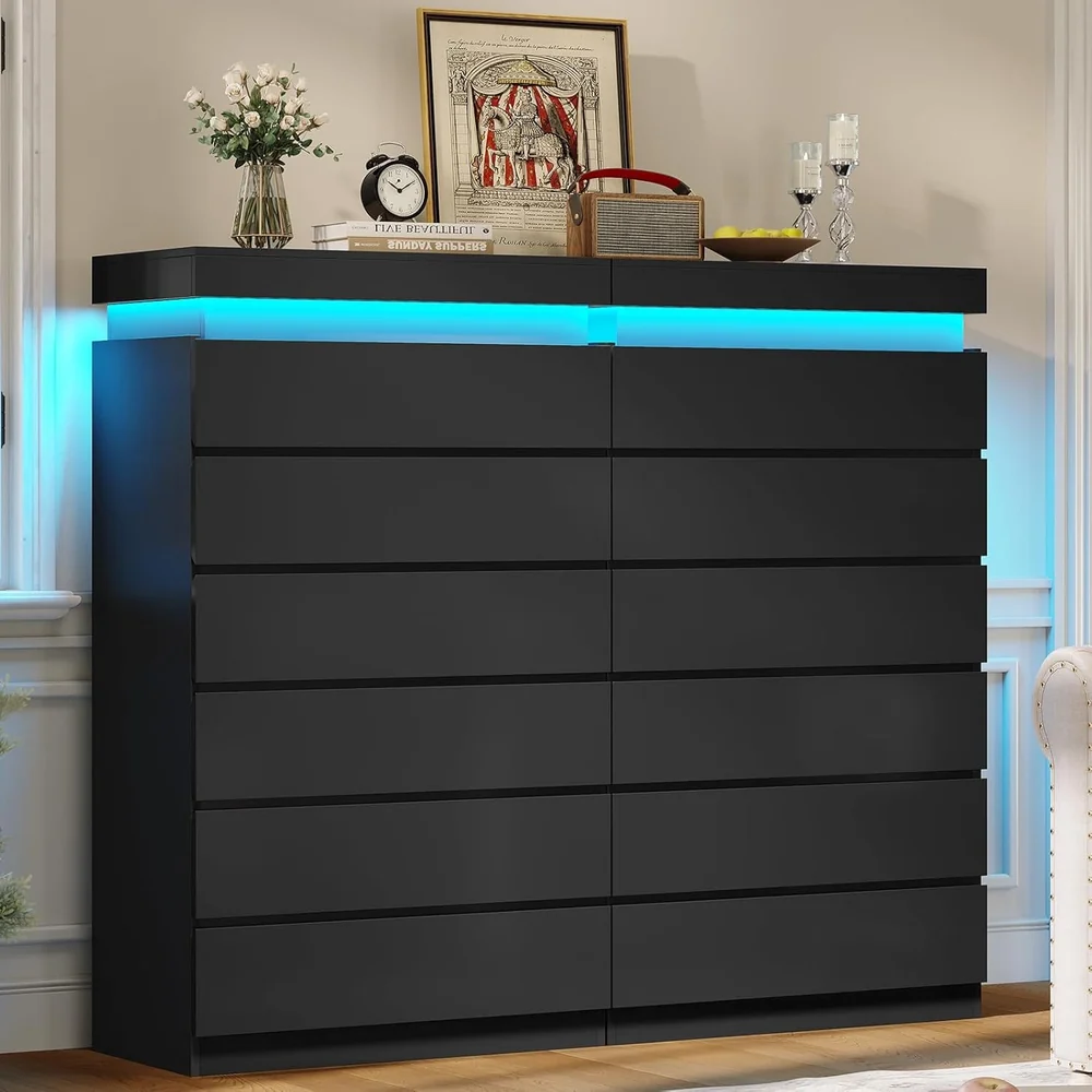 Tall Dresser with LED Light and 6 Drawers Black