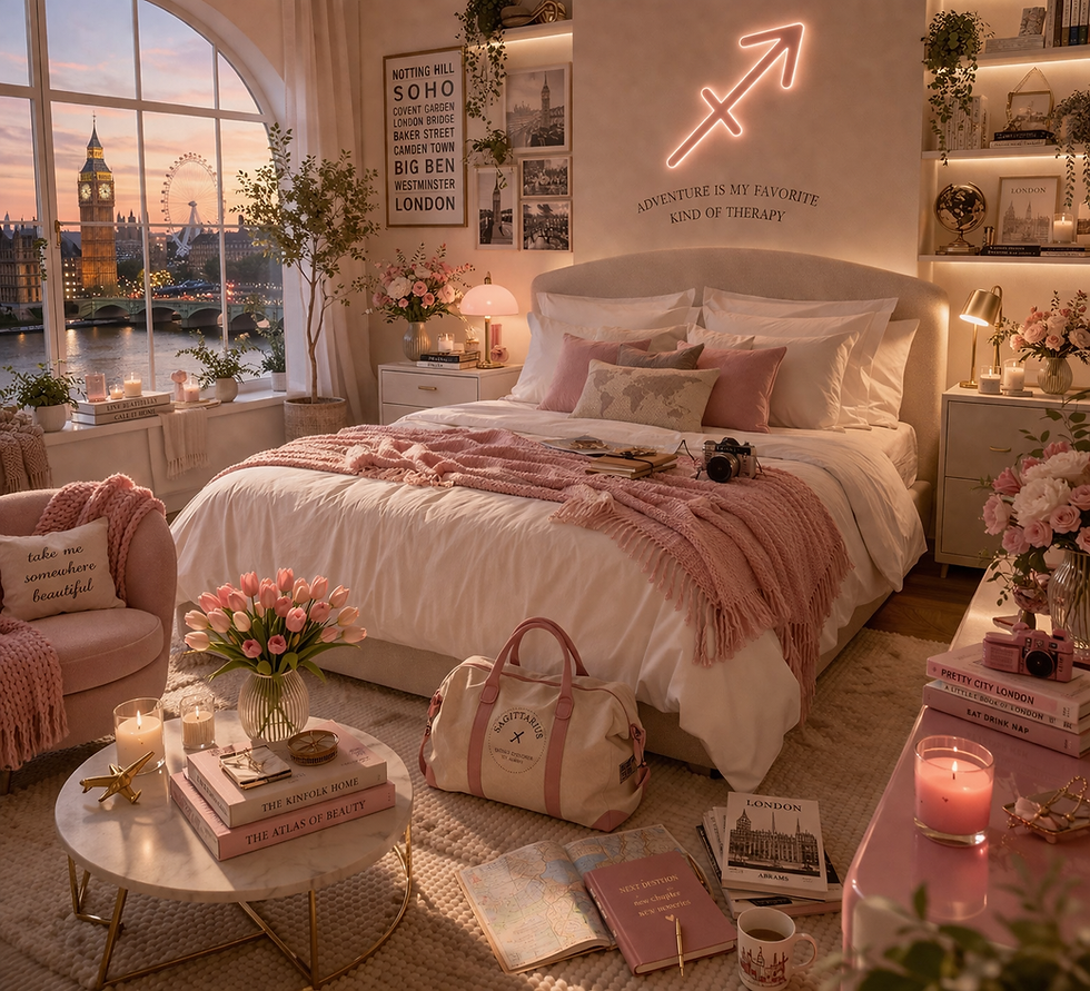 Cozy bedroom with pink decor, London skyline view from window. Neon Sagittarius sign, text "Adventure is my favorite kind of therapy".