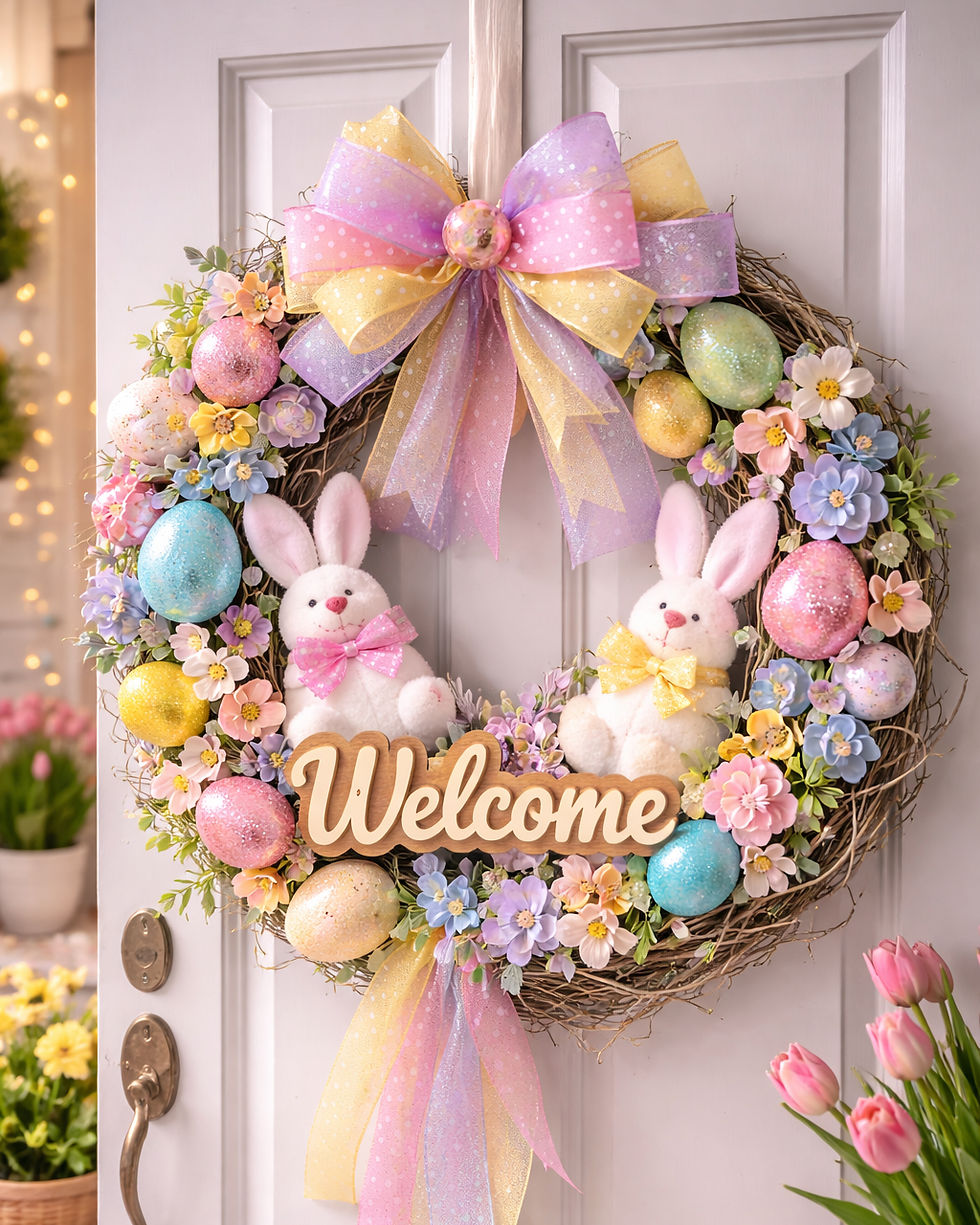 Colorful Easter wreath on a door featuring bunnies, eggs, and flowers with a pastel bow and "Welcome" sign. Bright, festive mood.