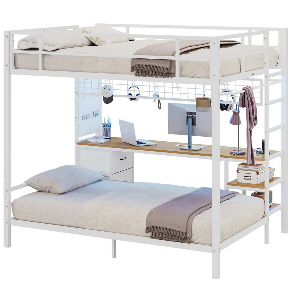 Full Size Over Twin Bunk Loft Bed Frame with Desk and Charging Station White