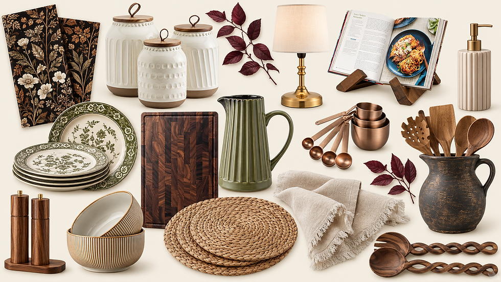 Collage of rustic home decor and kitchenware: patterned plates, jars, lamp, cookbook, utensils, bowls, towels, and planters on cream background.