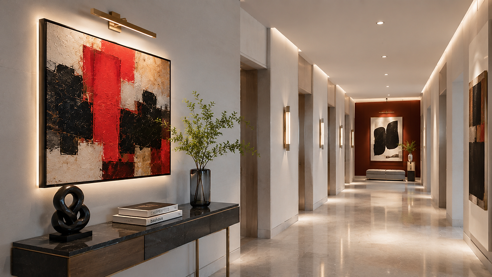 Elegant hallway with abstract art, console decor, and warm lighting; books labeled Chipperfield and Bauhaus on a marble table.