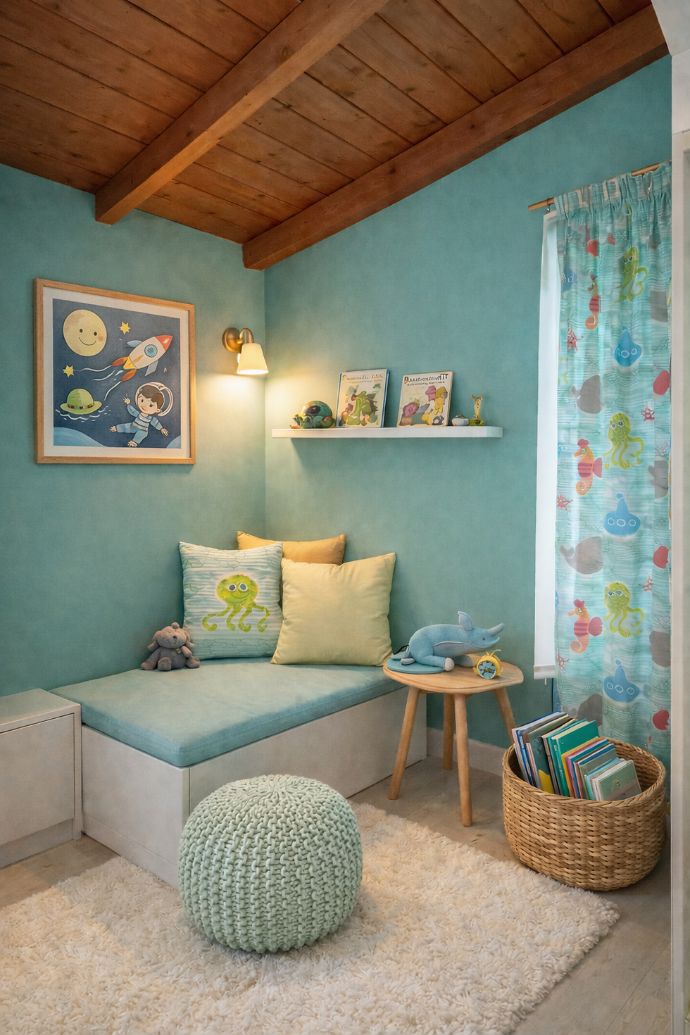 Cozy children's reading nook with teal walls, space-themed art, plush toys, a knitted pouf, and a basket of books. Bright, playful vibe.