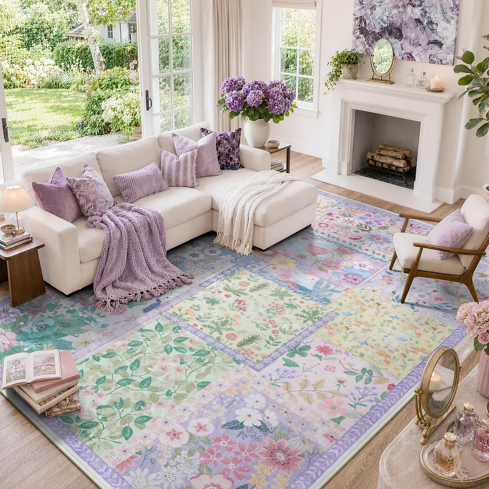 Amour Washable Patchwork Cottagecore Floral Purple Rug