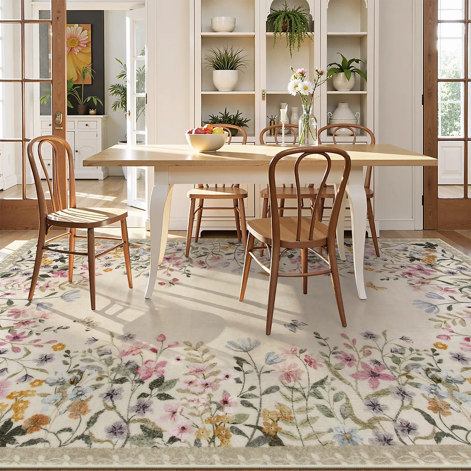 Solene Washable Modern Blooming Floral Garden Beige Rug