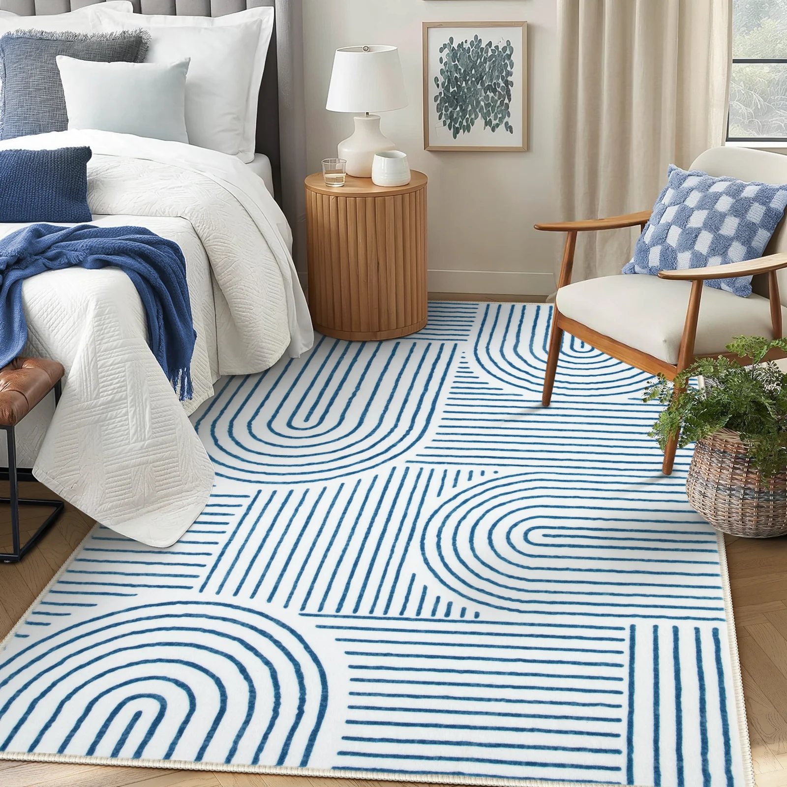 Darrell Washable Abstract Rainbow Stripe Blue/White Rug