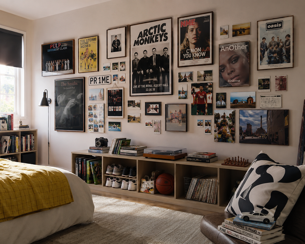 Cozy bedroom wall covered with framed music posters and photos, including Arctic Monkeys, Oasis and Rihanna, with books and records below.