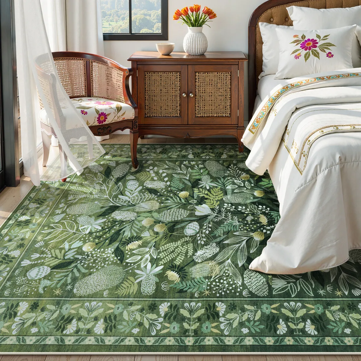 Alma Washable Modern Botanical Floral Green Rug