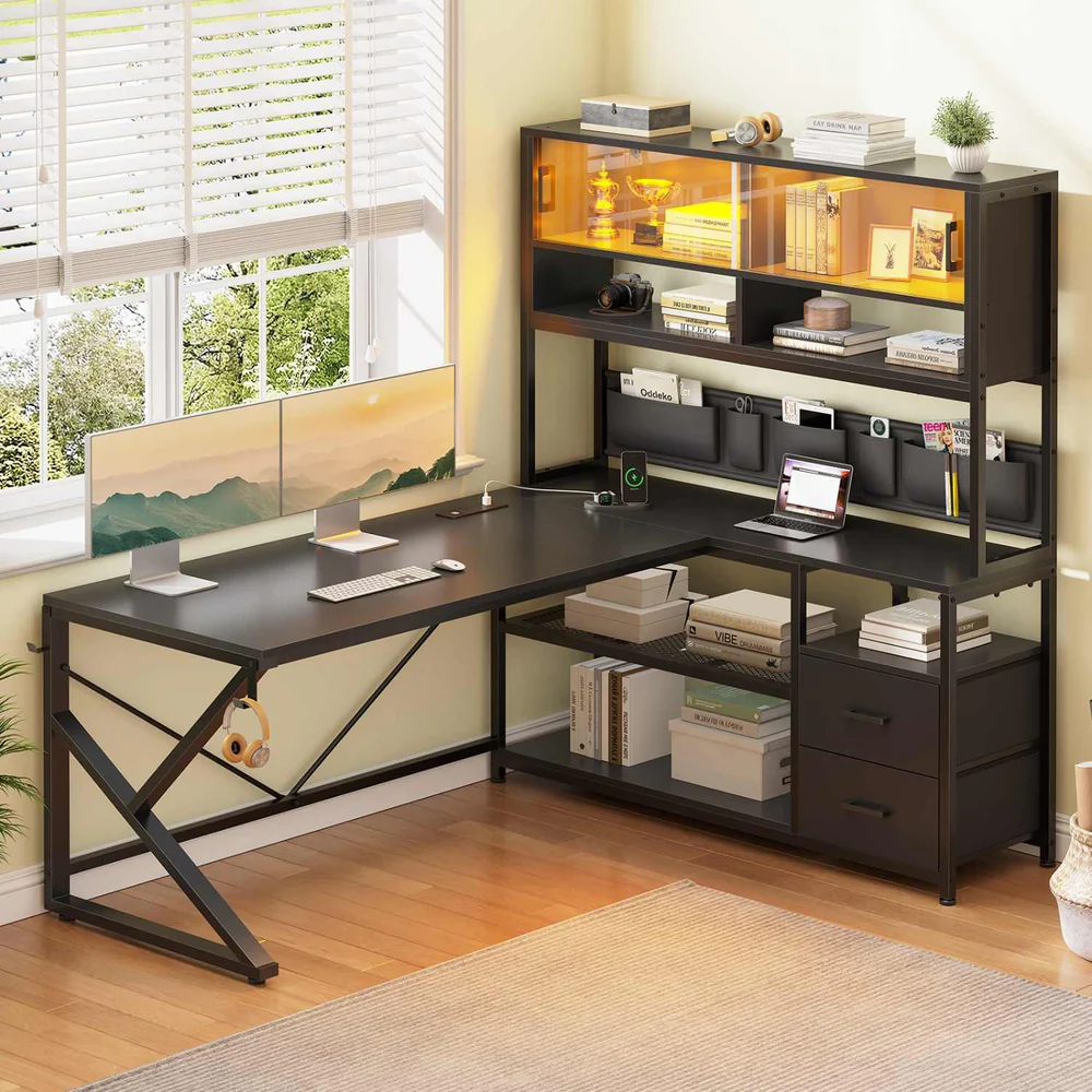 LED L Shaped Gaming Desk with 2 Drawer and Bookshelf Black