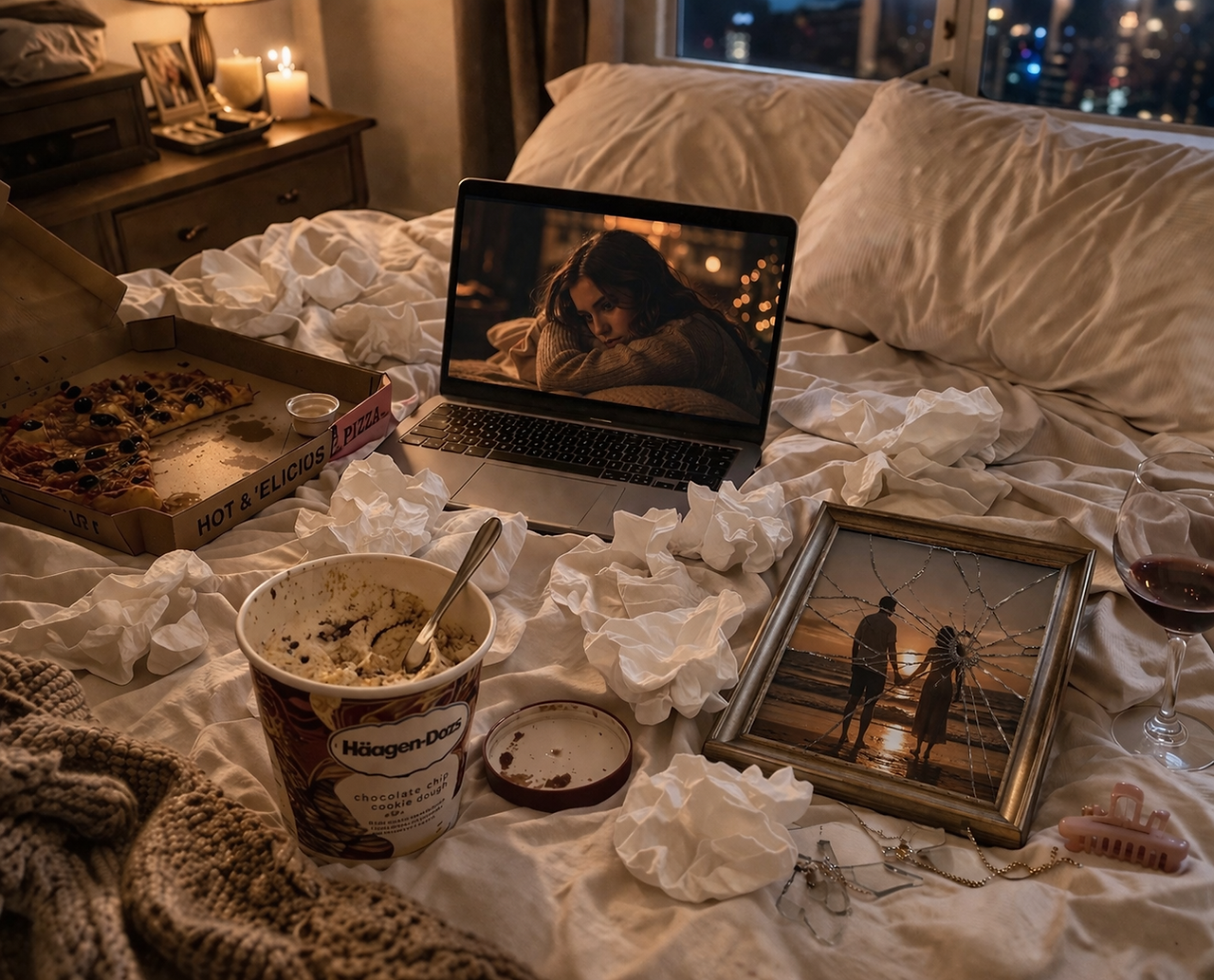 Lonely night. Messy bed. Used tissues everywhere.