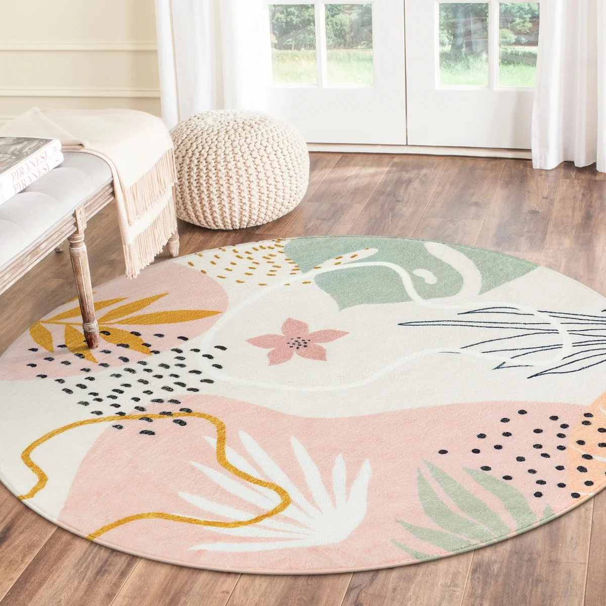Kiki Washable Modern Botanical Leaf Print Pink Rug