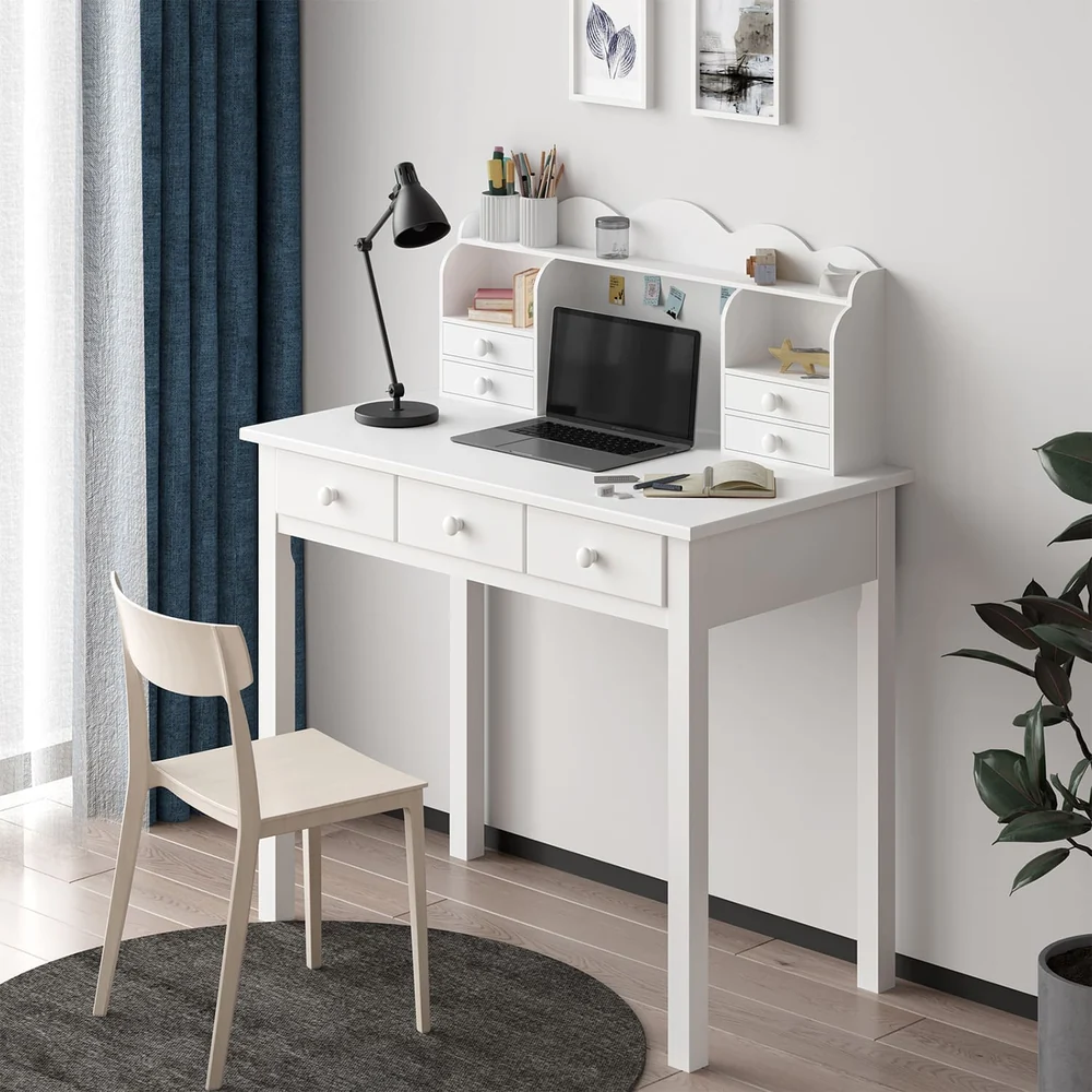Solid Pine Wood Legs Writing Desk with 7 Drawers White