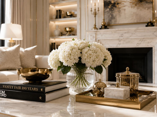 Elegant living room with white hydrangeas, gold decor, and coffee-table books labeled Vanity Fair 100 Years and Tom Ford.