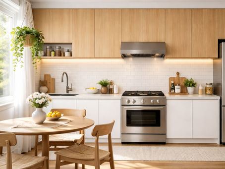 Bright kitchen with wooden cabinets, stainless steel appliances, a round table with flowers and lemons, and a hanging plant near a large window.