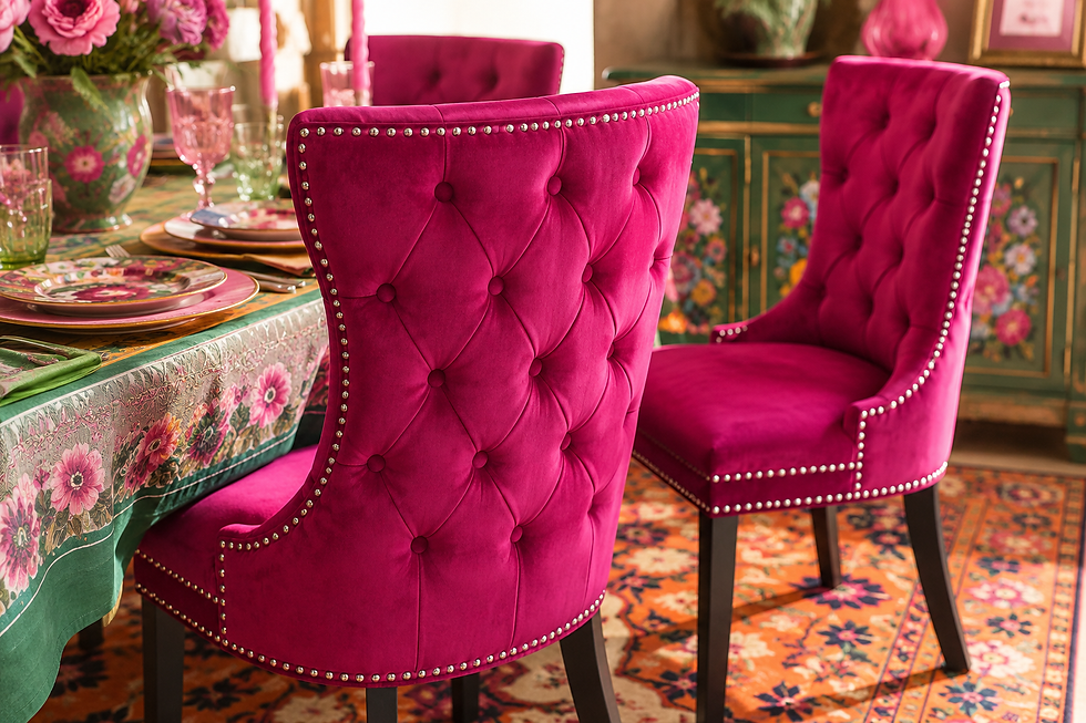 Hot pink tufted velvet dining chairs beside a floral set table in a colorful, elegant room.