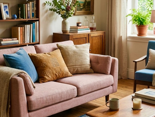 Cozy living room with pink sofa, colorful cushions, bookshelves, abstract art, and large window. Warm, inviting atmosphere.