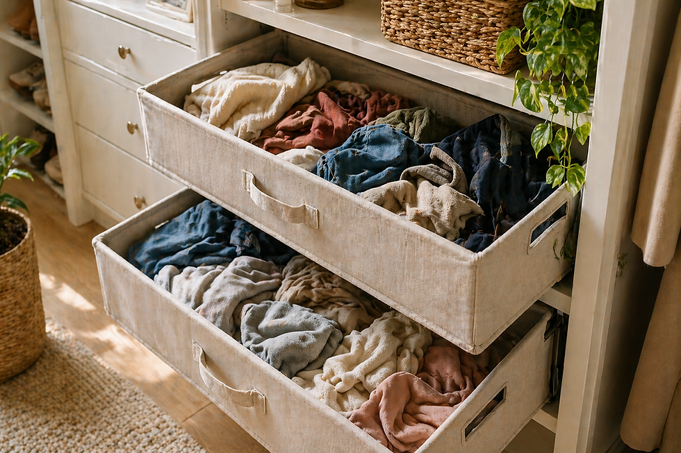 Fabric drawers filled with colorful clothes in a cozy, organized room. Wooden floor, woven basket, and green plant add a natural touch.