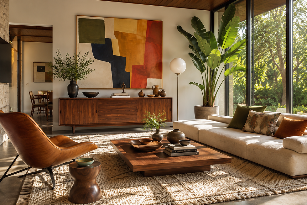 Sunlit modern living room with beige sofa, leather chair, wood coffee table, abstract wall art, and tall green plants.