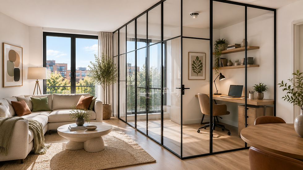 Bright modern apartment with beige sofa, glass home office, wooden desk, plants, and sunlit city-view windows.