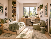 Sunlit bedroom-office with green bedding, desk, chair, plants, and posters reading Matisse, Arctic Monkeys, and Good Things Take Time