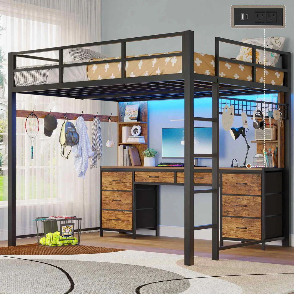 Full Size LED Loft Bed Frame with L-Shaped Desk Brown