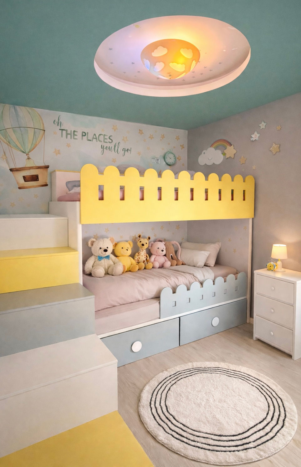 Cozy kids' room with a yellow-blue bunk bed, plush toys, and a soft rug. Whimsical ceiling light and wall art say "Oh, the places you'll go!"
