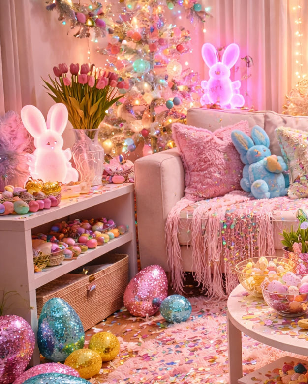 Colorful Easter-themed room with glowing bunny lights, plush toys on a pink couch, decorated eggs, tulips, and a festive tree.