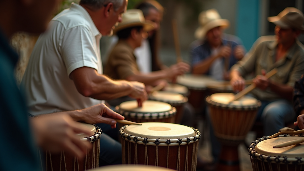 Eye-level view of a live band playing traditional Cuban percussion instruments