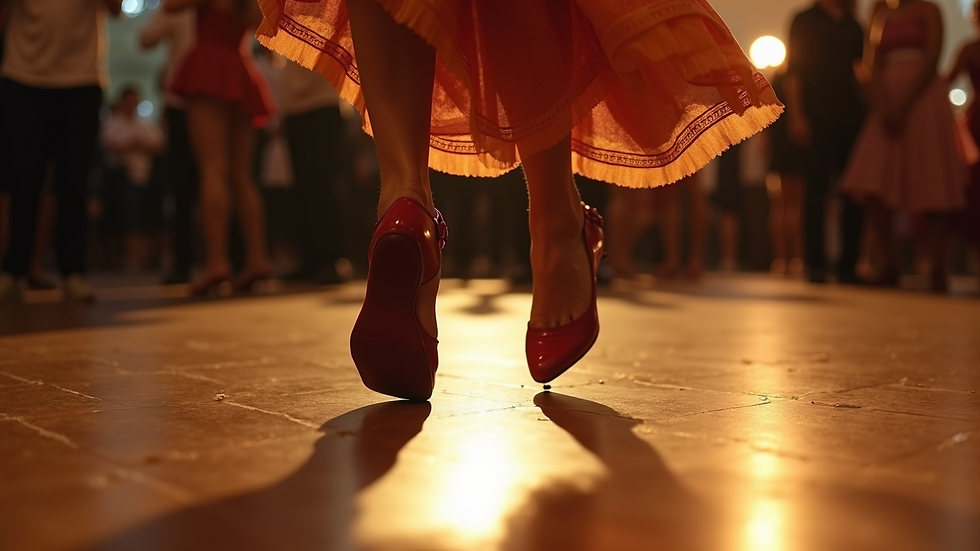 Close-up view of a dancer’s feet performing fast footwork in Columbia rumba style