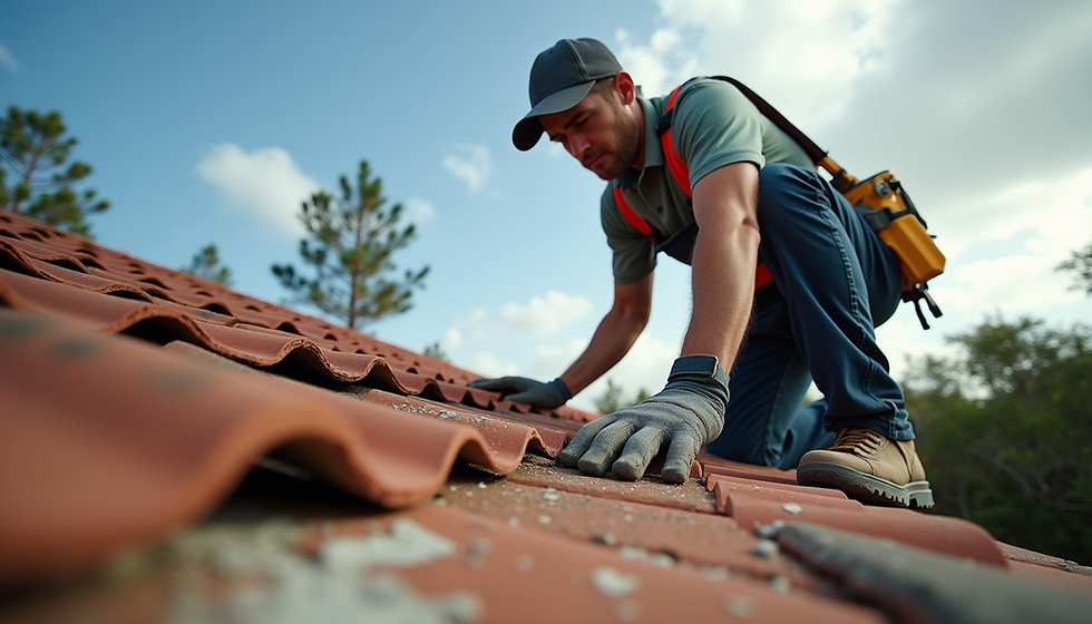 Eye-level view of a roofing professional inspecting a residential roof in Estero