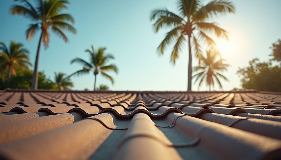 Close-up view of a tile roof with a few cracked tiles and moss growth