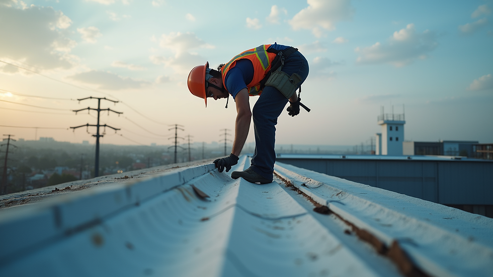 Close-up view of a roofing technician inspecting a commercial roof for damage