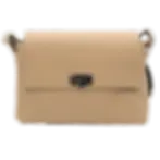 Beige genuine leather crossbody clutch Aria front view, classic flap bag with twist-lock and gold hardware