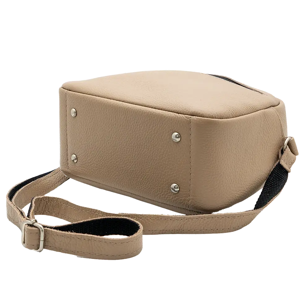 Thumbnail: Angled view of beige genuine leather crossbody bag Noelle showing front pocket and top zipper