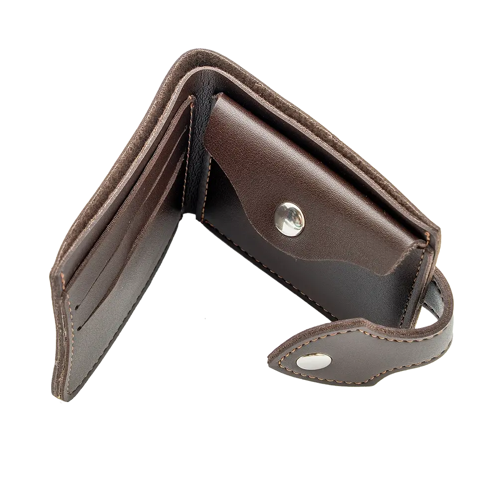 Chocolate vegan leather compact wallet – side angled view with snap closure