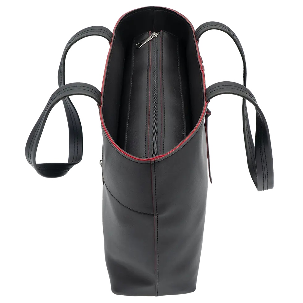 Thumbnail: Black red vegan leather tote bag Kristina, top view showing structured shape and double handles