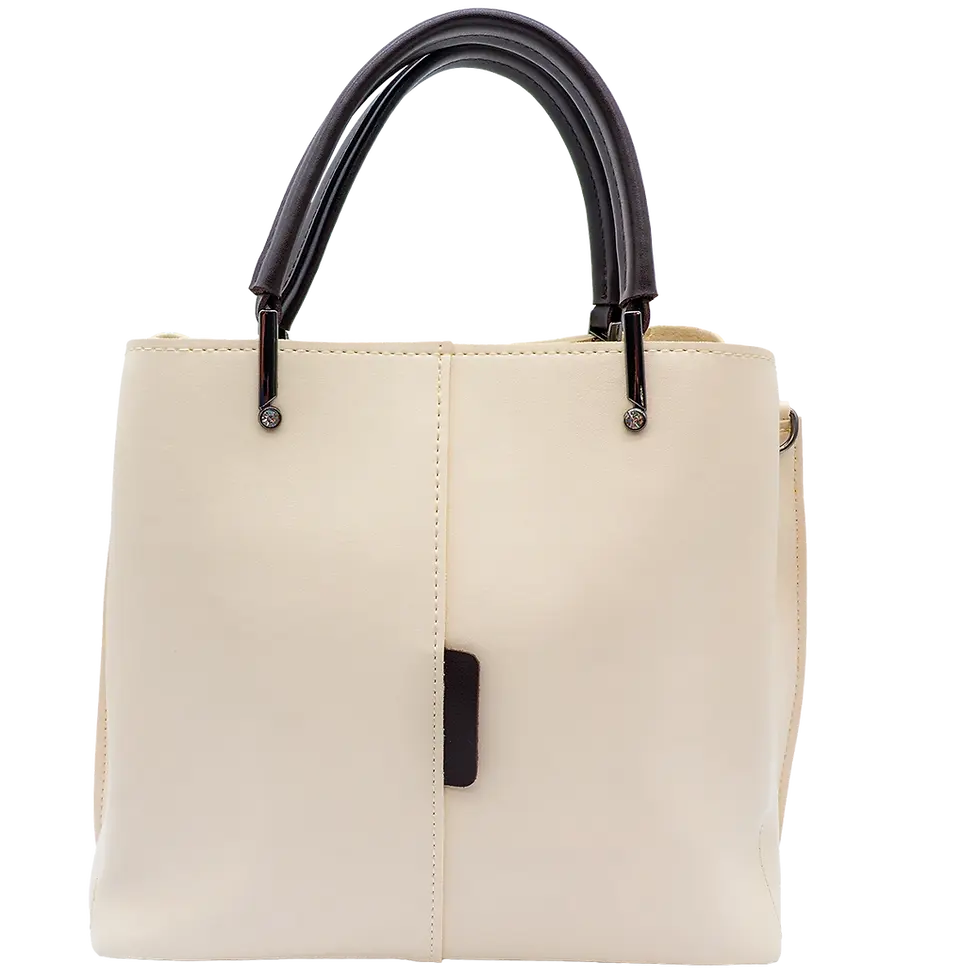 Thumbnail: Cream vegan leather satchel bag Adriana with dark brown handles and strap, elegant structured handbag with crystal details