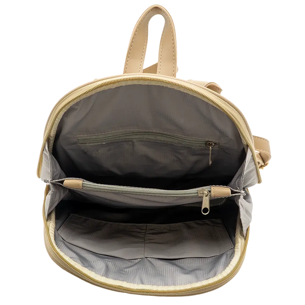 Thumbnail: Inside view of beige vegan leather backpack Emma showing spacious compartments and fabric lining