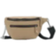 Side view of beige leather crossbody Vega showing slim profile and adjustable strap