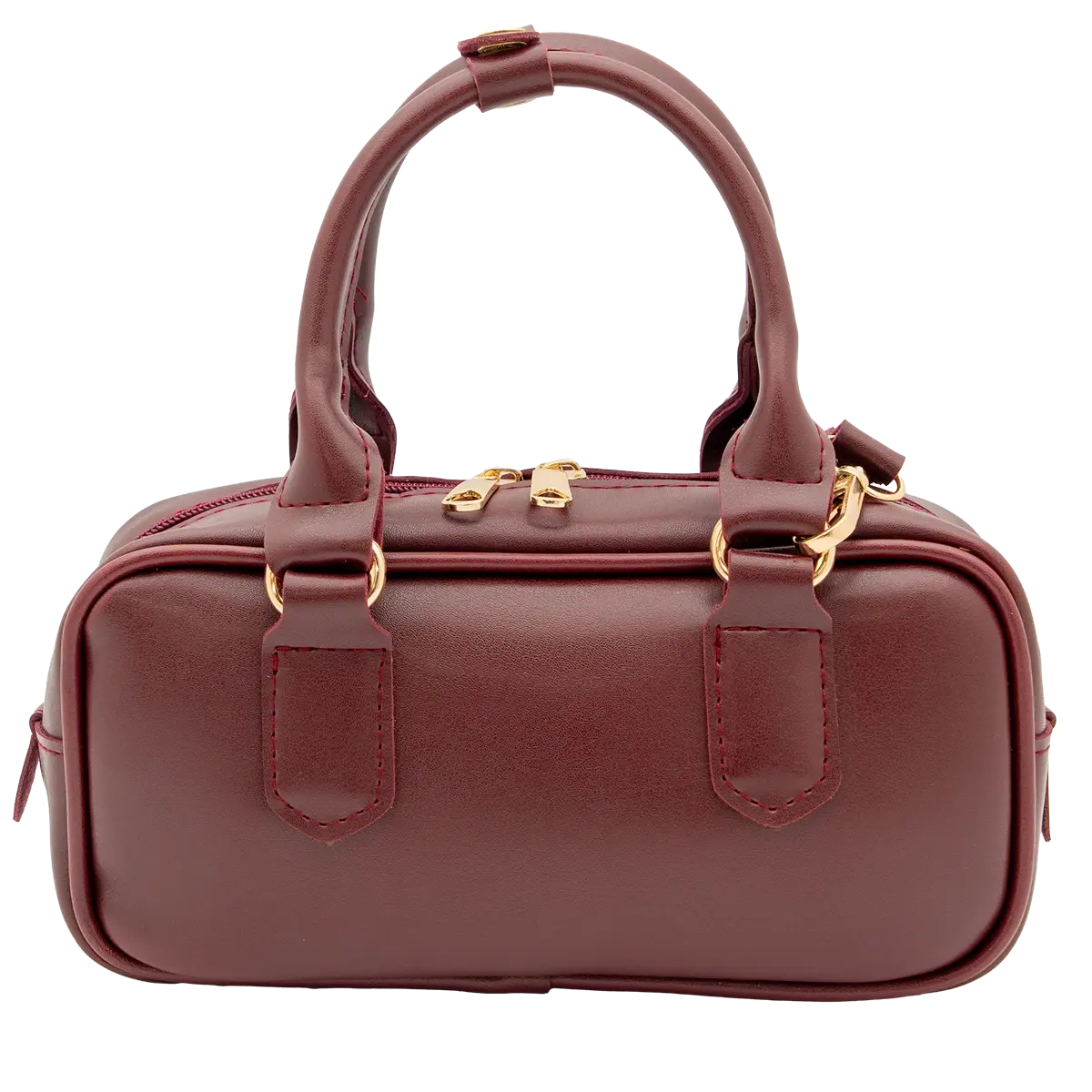 Burgundy vegan leather mini bowling bag Roxy, elegant top-handle purse with secure double zipper closure