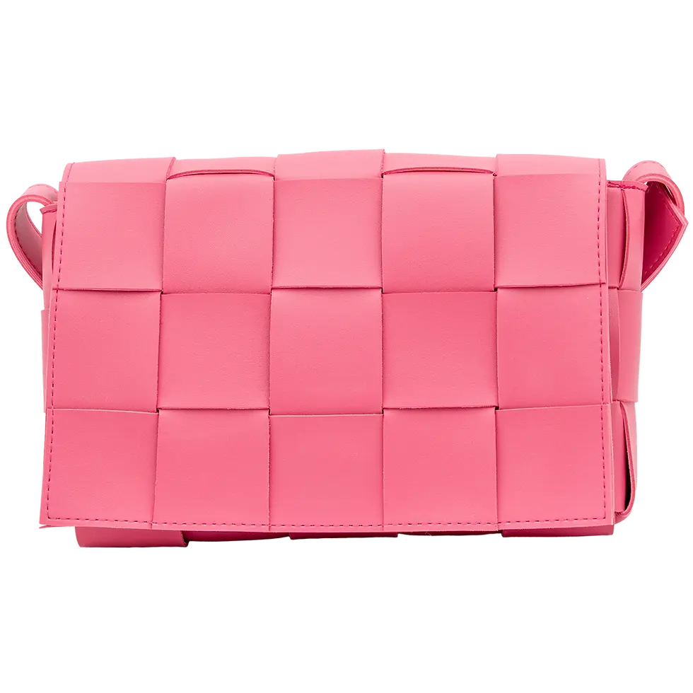 Thumbnail: Hot pink woven vegan leather crossbody bag Mira, handmade shoulder purse with magnetic flap and zipper closure