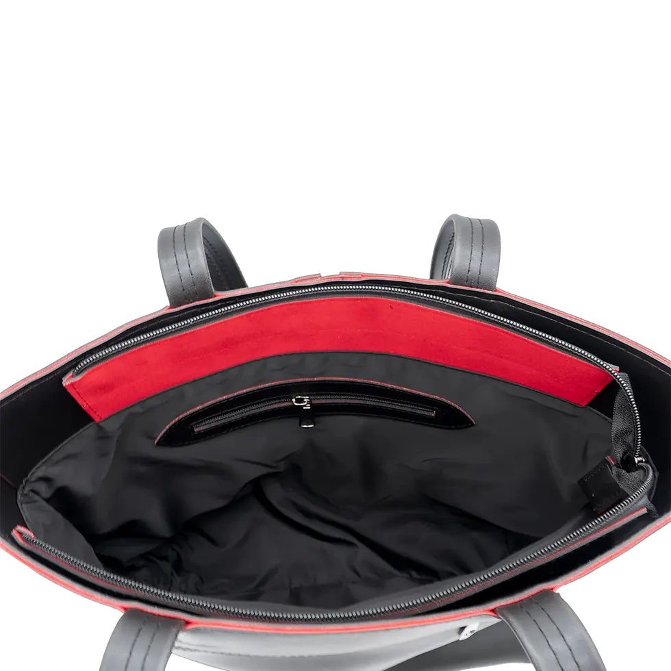 Thumbnail: Black and red vegan leather tote bag Kristina, interior view with zippered compartments and red lining