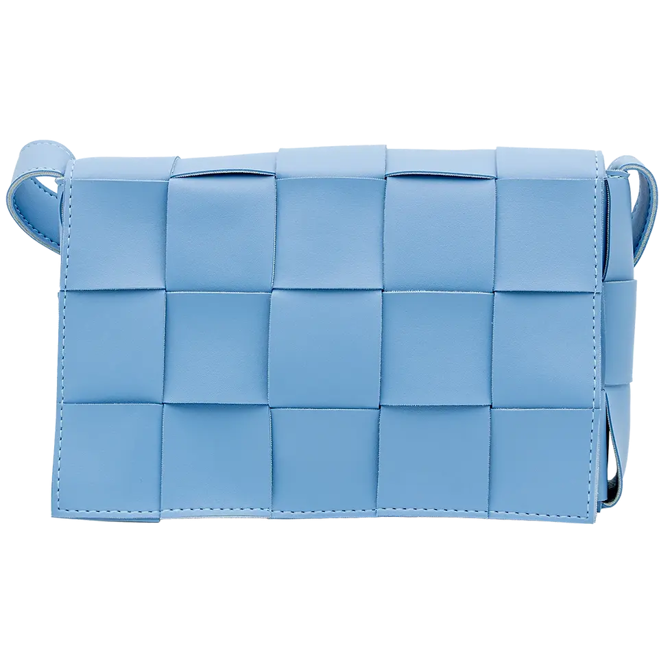 Thumbnail: Light blue woven vegan leather crossbody bag Mira, modern pastel crossbody purse with flap and long strap