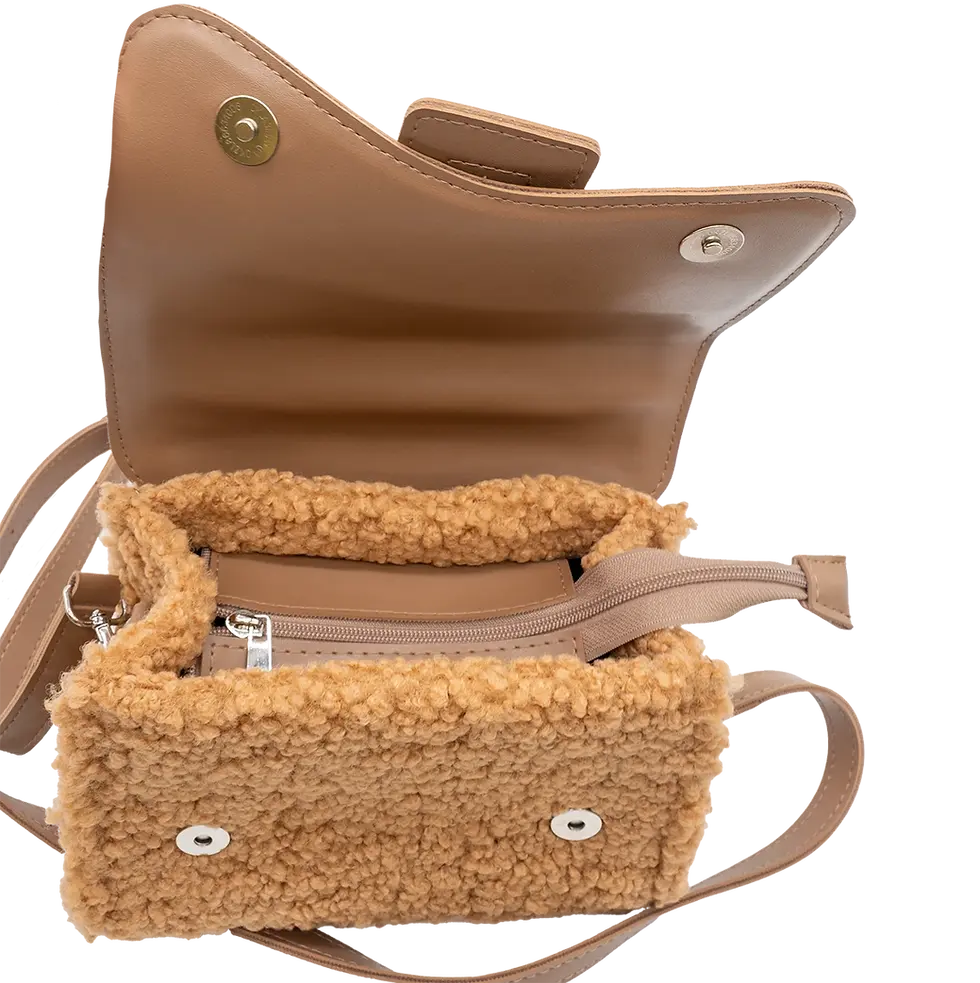 Thumbnail: Open view of beige teddy bag Ella showing interior pockets and magnetic snap closure