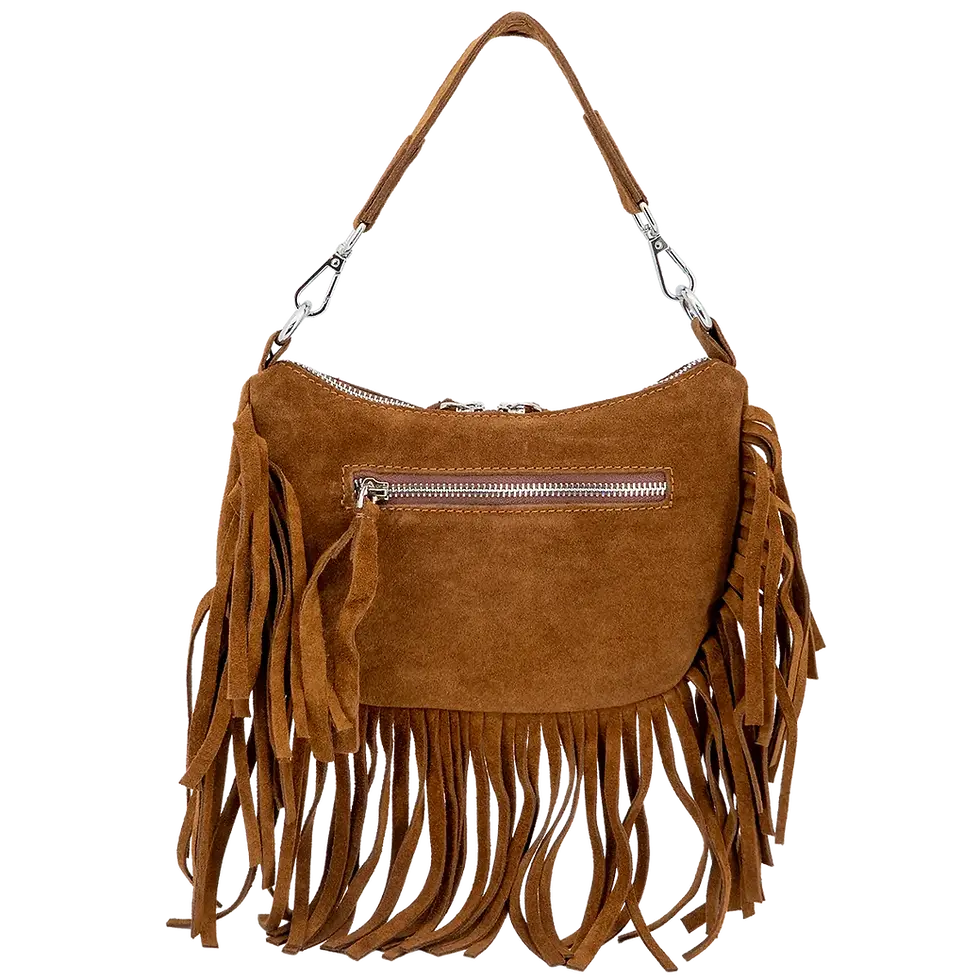 Thumbnail: Suede fringe crossbody bag back view with side zip pocket
